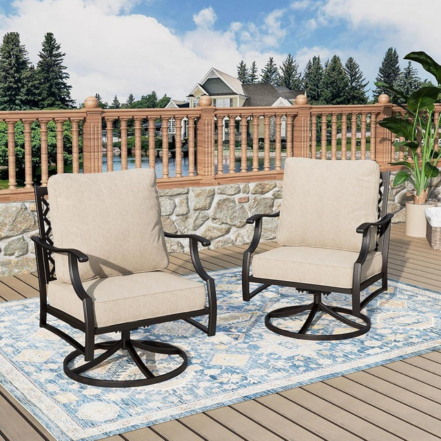 MIXPATIO Swivel Patio Chairs Set of 2, High Back Outdoor Swivel Patio Metal Chairs with 5.75" Thick Cushions for Bistro Balcony Porch Deck and Yard, Beige