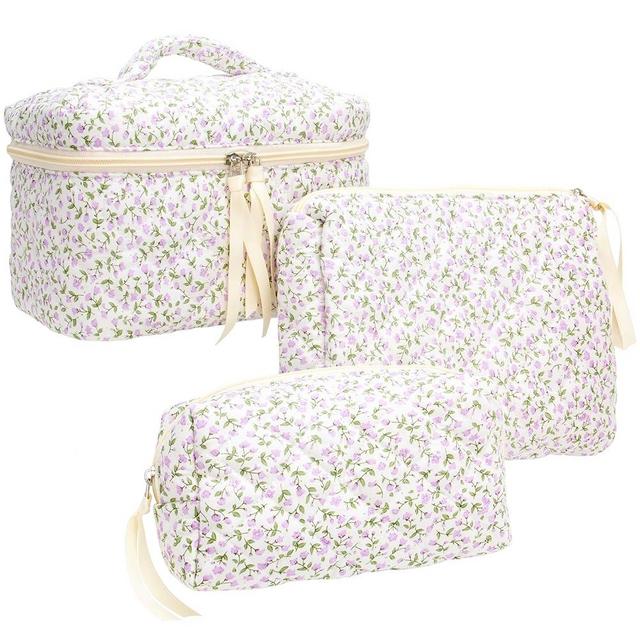 PAZIMIIK 3PCS Makeup Bag SET Large Travel Quilted Zipper Soft Cosmetic Case Pouch for Women Girls Make Up,Floral Purple