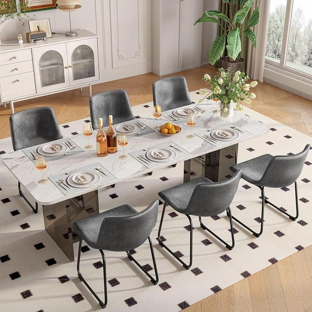 REONEY Dining Chairs Set of 6, PU Leather Armless Dinner Chairs with Backrest, 18" Modern Kitchen Dining Room Chair with Metal Legs for Home (Grey)
