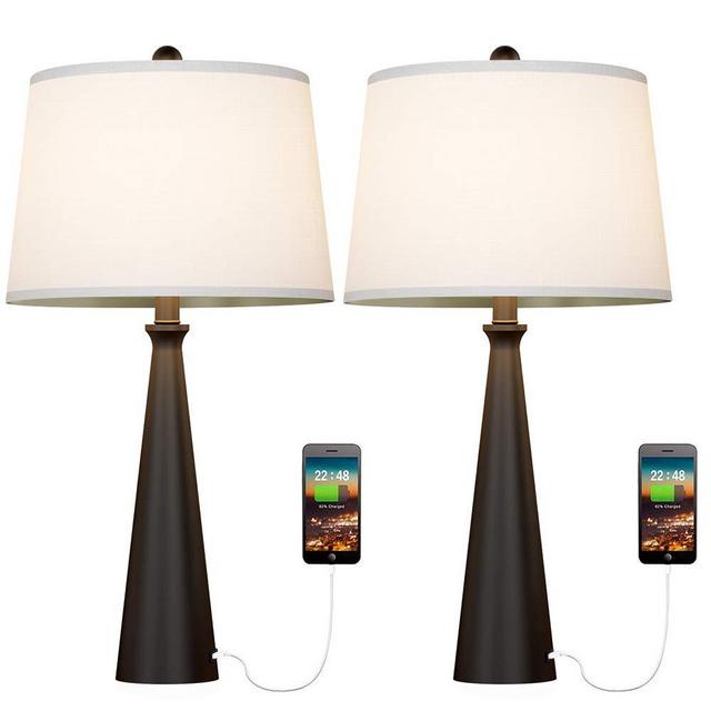 Oneach USB Table Lamps Set of 2 for Bedroom Modern Bedside Lamp with Drum Fabric Shade Ambient Light Accent Table Lamp for Living Room Office Study