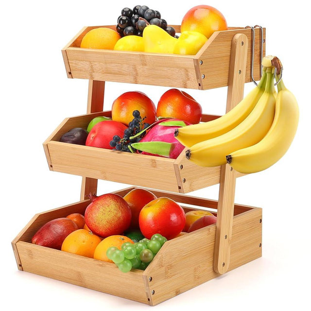 3 Tiered Bamboo Fruit Basket for Kitchen Counter,Produce Storage Vegetables Baskets Stand,Organizer for countertop,Large Wooden Counter Fruit Stand–Suitable for Display and Hold Bread,Snacks,Products