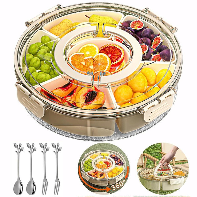 Rotatable Divided Serving Tray with Lid and Handle,Large Snack Spinner,Veggie Tray with Lid,Snackle Box Container,Portable Snack Tray For Food,Fruit,Candy,Vegetable,Nut,Travel,Party,Picnic,Beach