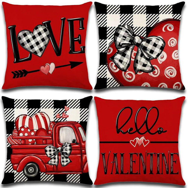 Valentines Day Decorations-Throw Pillow Covers 18x18 in set of 4,Valentine Linen Pillow Case with Red Buffalo Plaid Heart Love Truck for Large Couch Sofa Home Inside Outside Holiday Party Decor