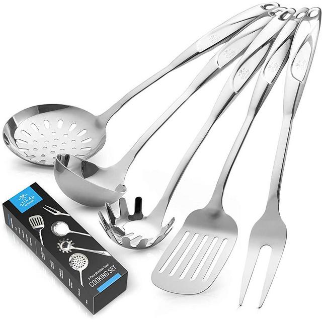 Zulay 5-Piece Cooking Utensil Set - Stainless Steel Kitchen Utensil Set For Cooking - Multi Purpose Spatula, Spaghetti Server, Draining Spoon, Ladle, and Carving Fork