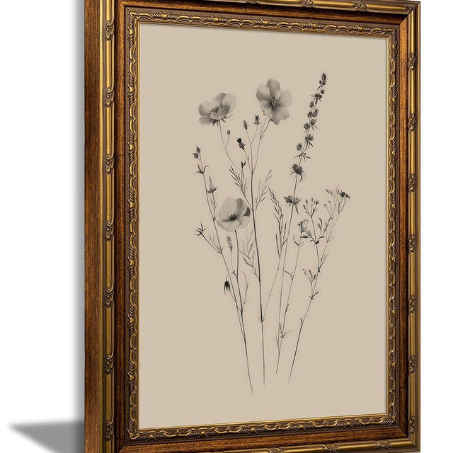 Vintage Gold Framed Wildflower Sketch Wall Art Classical Botanical Sketches Canvas Prints Sketch Wall Decor Boho Rustic Minimalist Style Poster Print Artwork for Living Room Bedroom Home Decoration