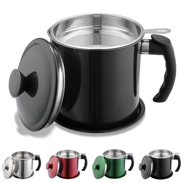 Kyraton Black Bacon Grease Container With Strainer, 48 oz Black Coating Stainless Steel Oil Container, Pot Fat Storage With Lid, Easy Grip Handle Suitable For Storing Frying Oil And Cooking Grease