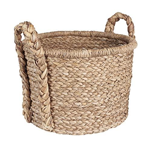 Household Essentials Large Wicker Floor Storage Basket with Braided Handle, Light Brown