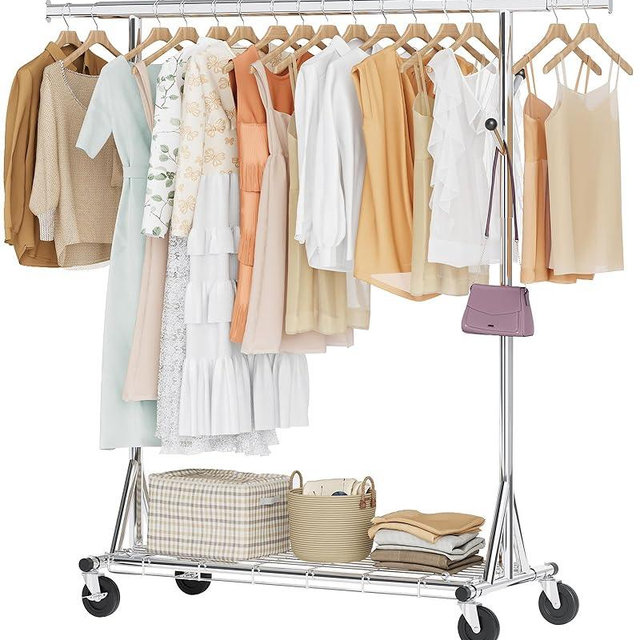 Hoctieon 1-Minute Assembly Clothes Rack, 480 lbs Heavy Duty Rolling Clothing Racks with Wheels, Foldable Garment Rack, Extendable Hanging Bar, Adjustable Metal Pole with Hooks, Chrome