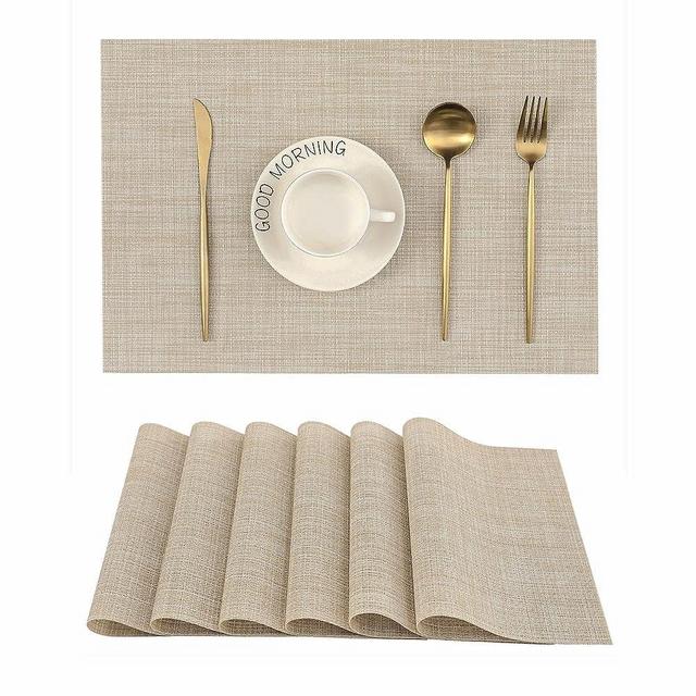 Leetaltree Beige Placemats Set of 6 - Heat Resistant Non-Slip Place mats for Dining Table, Washable Durable PVC Vinyl Woven Table Mats（Beige, 6）