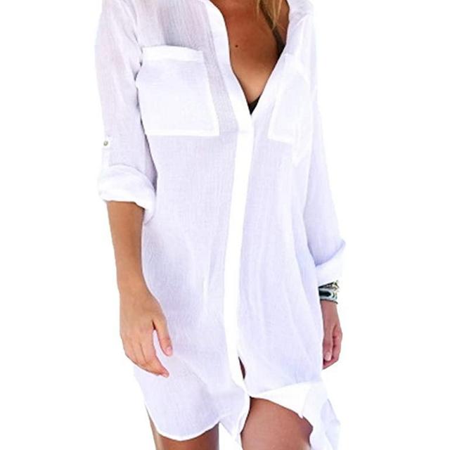 Women Sexy Vogue Button Down Shirts Crinkle Chiffon Bathing Suit Cover up Beachwear