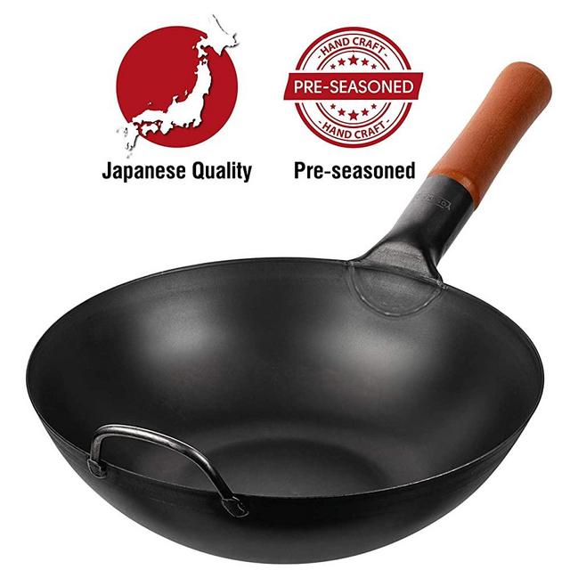 Pre-Seasoned Carbon Steel Wok Pan – 11.6" Woks and Stir Fry Pans - Chinese Wok with Flat Bottom Pow Wok - Traditional Chinese Japanese Woks - Black Steel Wok