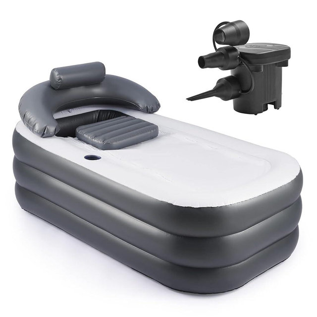 CO-Z Inflatable Bathtub With Electric Air Pump, Portable Tub With Blow Up Bath Pillow Cover, Drainage Cup Holder, Foldable Outdoor Freestanding Tub for Adults, Gray