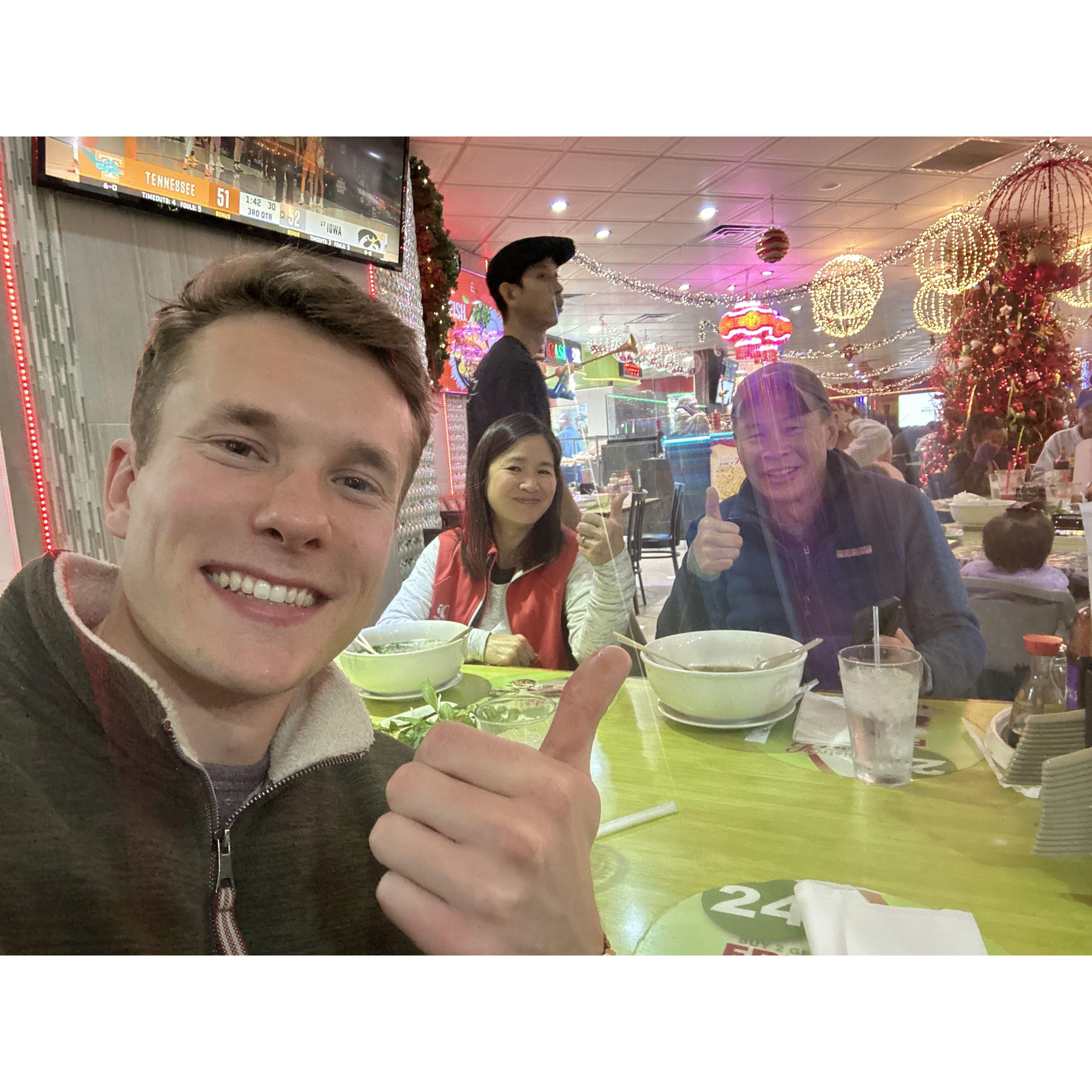 When Joe went to go ask Sydney's parents for their blessing... which they happily gave over a bowl of pho!