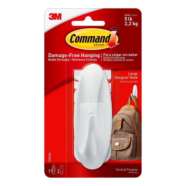 Command Large Sized Designer Hook (1 Hook 2 Strips)White