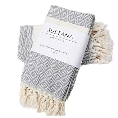 Sultana Luxury Linens Turkish Hand Towels Set of 4 |Eco-Friendly Peshtemal |100% Turkish Cotton| Hand, Tea, Kitchen, Hair, Yoga, Spa, Gym, Face, Bath | Decorative Bathroom Towel | Dishcloth Set