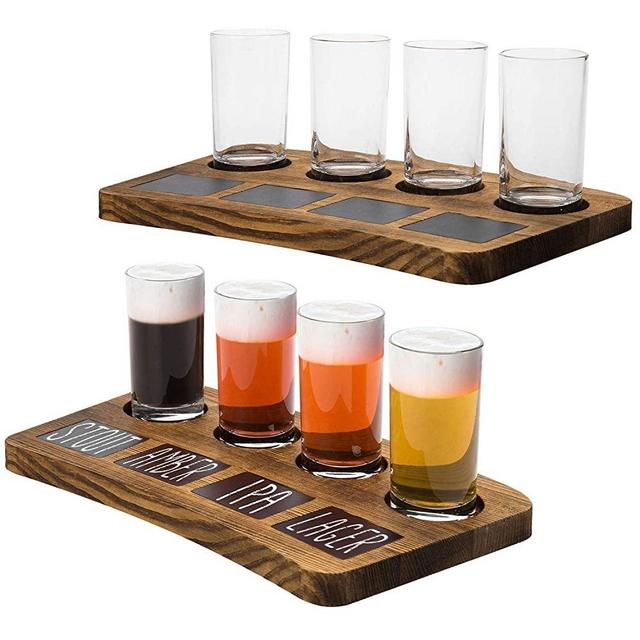 MyGift 4-Glass Dark Brown Wood Beer Flight Sampler Serving Tray with Chalkboard Labels, Set of 2