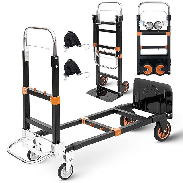Upgraded 3 in 1 Folding Hand Truck, 600 lbs Convertible Heavy Duty Dolly Cart, Collapsible Hand Trucks with 4 Rubber Wheels and Retractable Handle for Moving Home, Warehouse, Supermarket (Orange)
