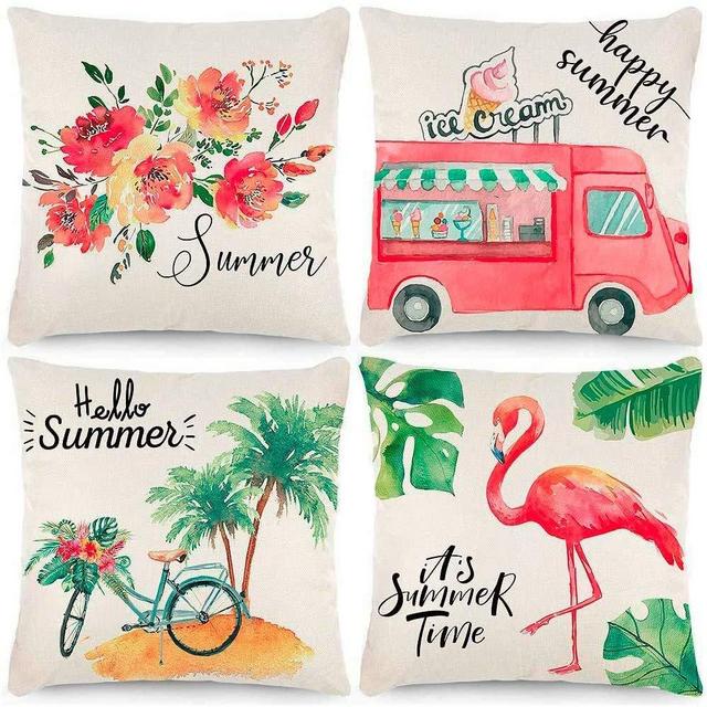 CDWERD Summer Pillow Covers 18x18 Inches Set of 4 Summer Decorations Ice Cream Truck Bike Flamingo Flower Throw Farmhouse Pillowcase Cotton Linen Cushion Case for Summer Home Decor
