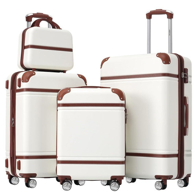 Merax Luggage Set 3 Piece Suitcase Set with Cosmetic Case Expandable Spinner Wheels Vintage Luggage Sets(White,20"+24"+28")