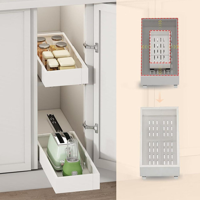 2Pc Pull out Cabinet Organizer,Width (7"-11") and Depth(17"-24"),Expandable,Cabinet Roll out Drawers,Adjustable Slide out shelves for Kitchen and Pantry,for Cabinets Without Lip,White