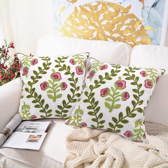 Alysheer Flower Embroidered Decorative Throw Pillow Covers 18"x18" Set of 2 Pieces, Rose Floral Knit Pattern Luxury Cotton Cushion Case for Sofa Couch Living Room Bedroom Wedding Decor(Pink Flowers)