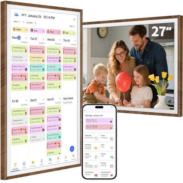 27 Inch Digital Calendar Chore Chart with Touchscreen - Full HD Interactive Display, Wall & Desk Mountable Family Planner, to-Do List & Meal Planner, Digital Picture Frame Gifts for Women Mom