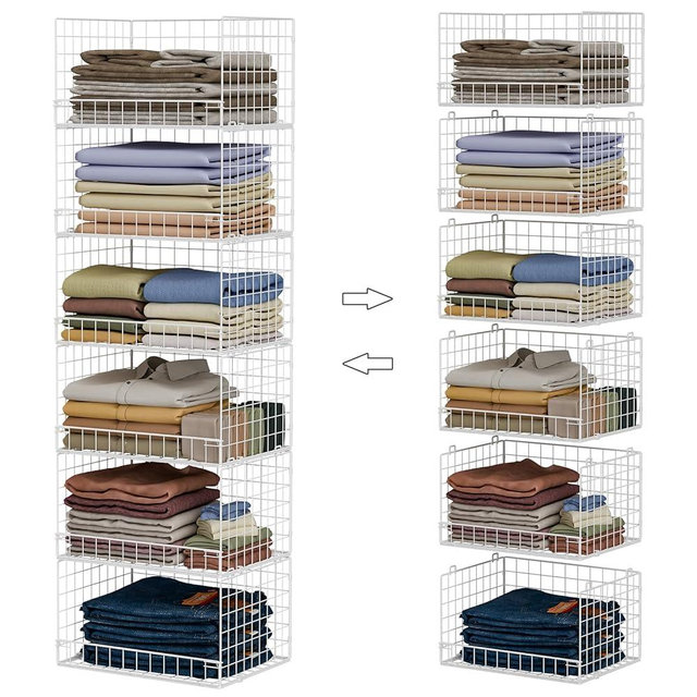 Yociyoga 6-Tier Stackable Closet Organizers and Storage Shelves, Closet Shelf Organizer Basket Bins, Foldable Sweater Storage for Clothes Organizer System, White（Patent Pending）