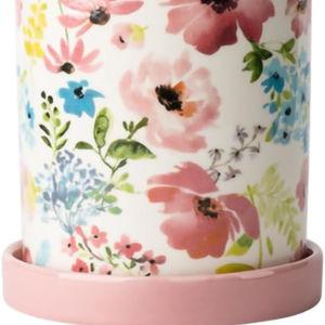 WAIT FLY Flower Porcelain Kitchen Utensil Holder with Bottom Flatware Storage Organizer Utensil Crock for Countertop Kitchen Counter Decor-Pink
