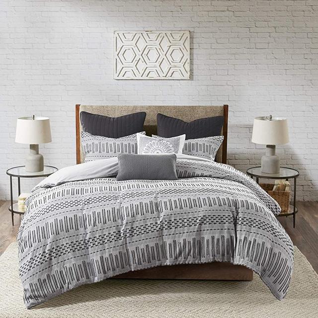 INK+IVY 100% Cotton Duvet Set Mid Century Modern Design, All Season Comforter Cover Bedding Set, Matching Shams, Full/Queen(88"x92"), Rhea, Grey Geometric Clipped Jacquard 3 Piece