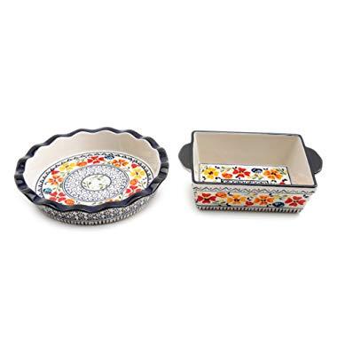 Gibson Luxembourg Handpainted 10.5" Pie Dish & 8" Square Bakeware, One Size, Blue and Cream w/Floral Designs