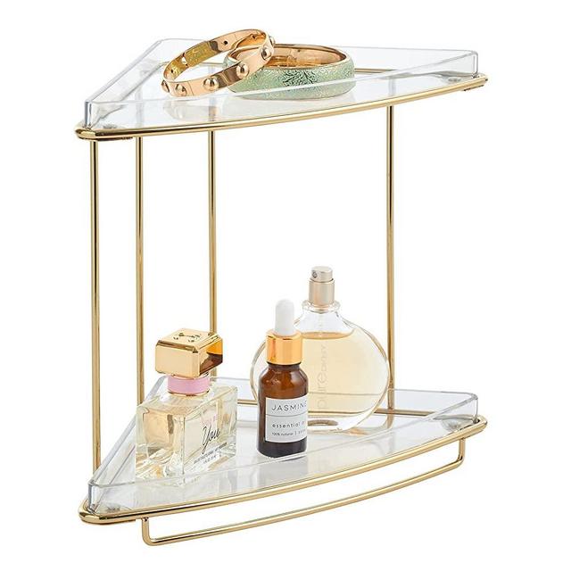 mDesign Metal 2-Tier Corner Storage Organizing Caddy Stand for Bathroom Vanity Countertops, Shelving or Under Sink - Free Standing, 2 Plastic Shelves - Clear/Soft Brass