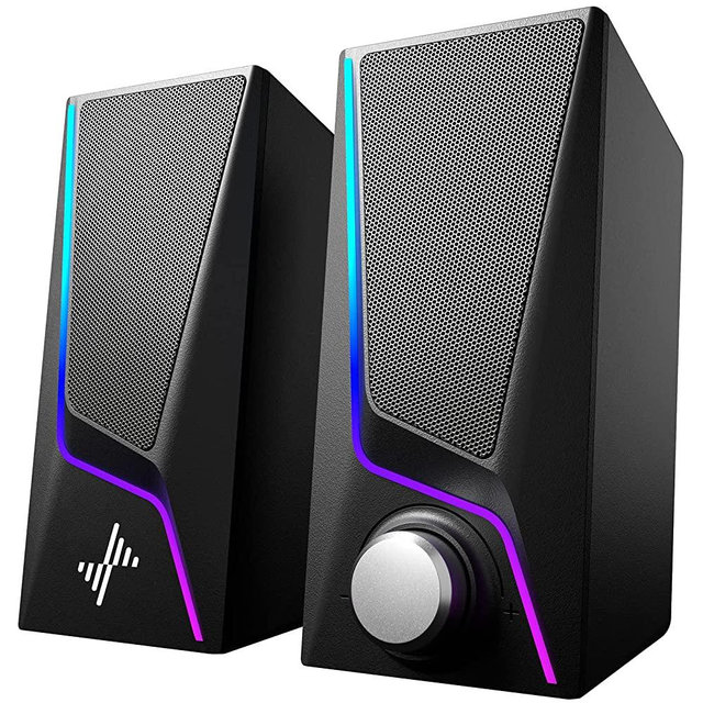 Computer Speakers, RGB PC Speakers with 6 Colorful LED Modes, USB Powered Computer Speakers for Desktop with 2 Bass-Boost Ports, 2 Speaker Units and 3.5mm Aux-in Cable for PC, Laptop, Tablet, Phone