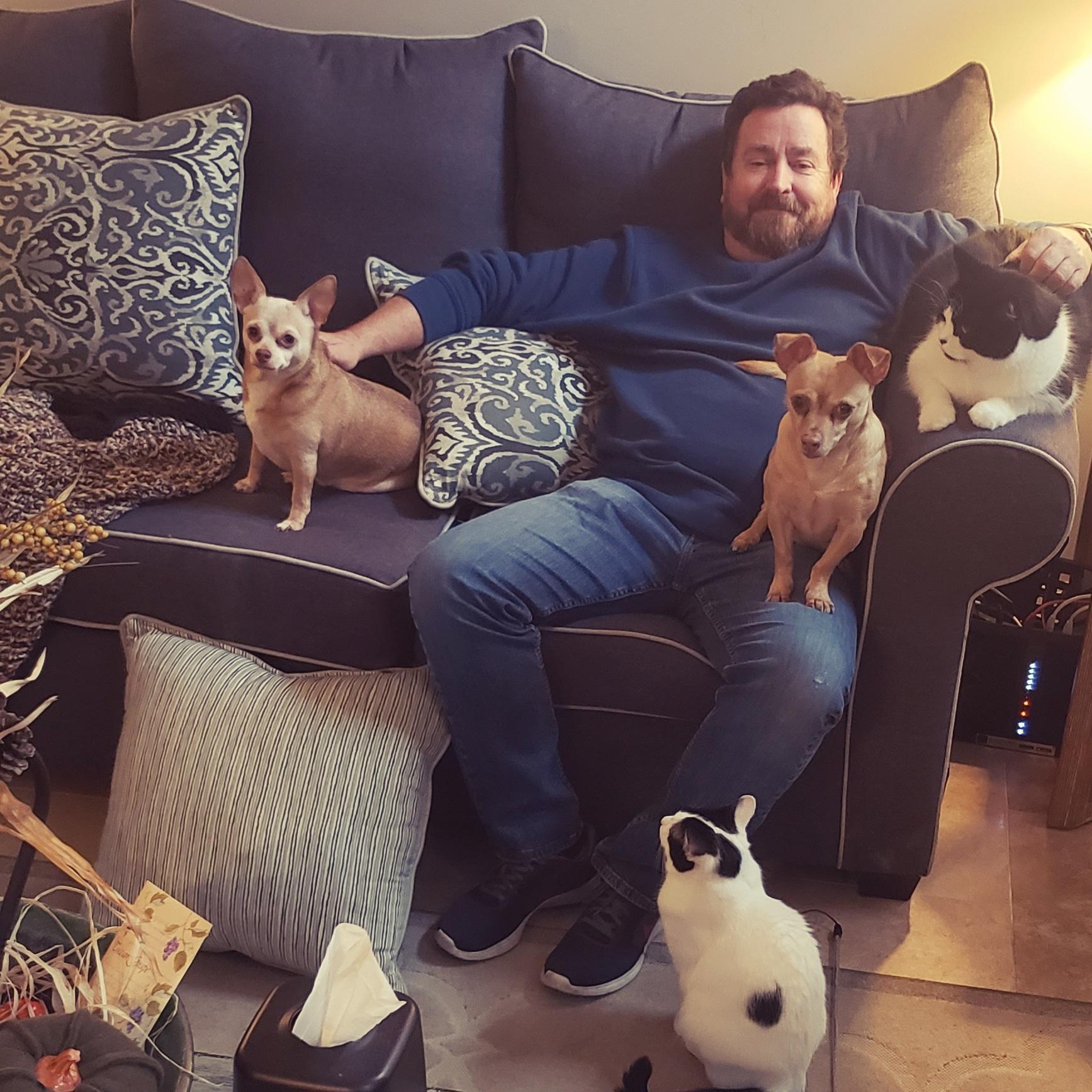 We share our home with 6 fur kids,3 Cats & 3 Dogs, all rescues & all loved and spoiled beyond words. A couple of fur kids are missing in this pic. It's not easy getting them all to sit for a picture.
