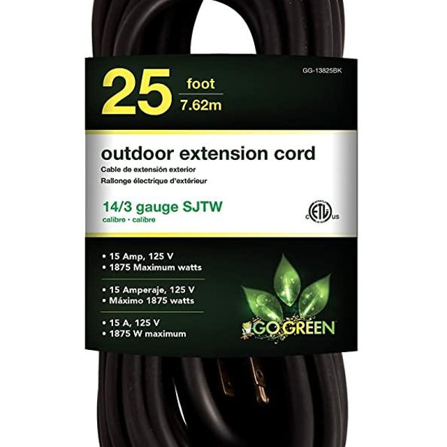 GoGreen Power GG-13825BK - 14/3 25' SJTW Outdoor Extension Cord - Black