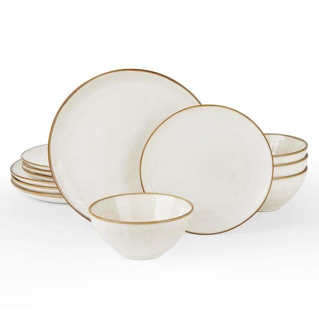 Famiware Dinnerware Sets for 4, Ocean Round 12-Piece Kitchen Plates and Bowls Sets, Reactive Glaze, Microwave and Dishwasher Safe, Scratch Resistant, Cappuccino White