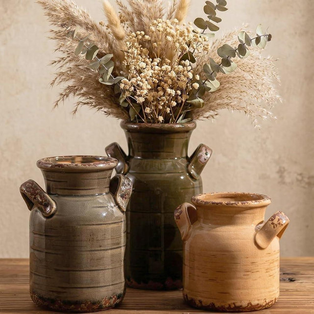Vintage Ceramic Flower Vase with Handles Set of 3 for Centerpiece,Rustic Farmhouse Decorative Vase for Table Bookshelf Entryway Dresser Console Bathroom Home Decor (Brown & Dark Green)