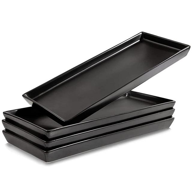 Matte Black Ceramic Serving Platters (14 x 6 Inch Rectangle Plates) Serving Dishes for Entertaining, Food, Appetizers, Desserts, Cheese Board, Charcuterie, Sushi - Set of 4 Party Serving Trays