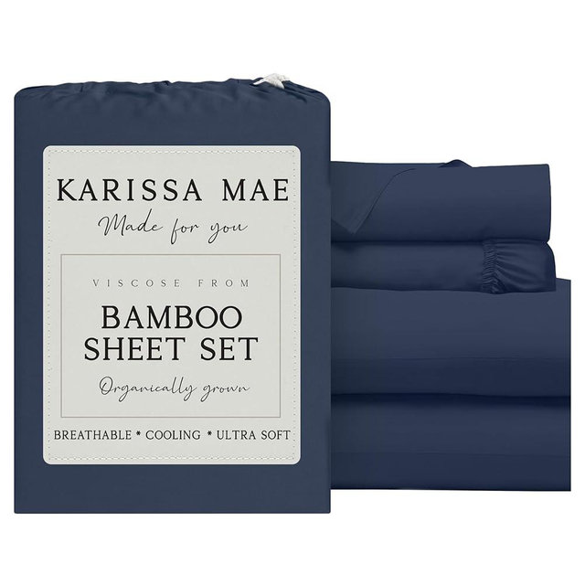 KARISSA MAE Pure Viscose from Bamboo Queen Size Sheet Set | 100% FSC Certified | Luxuriously Soft | Cooling | 18" Deep Pocket w/Corner Straps | [Navy]