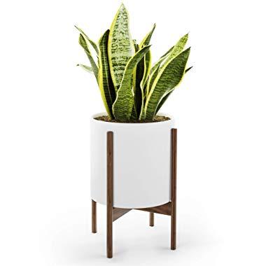 Mid Century Plant Stand with Pot with Drainage - Matte White Ceramic Planter with Stand Made of Walnut - Modern 10 inch Planter - Perfect Pot for Plants Indoor Plant Stand NOT Adjustable