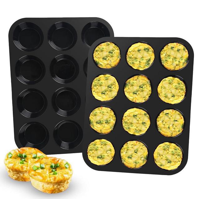 Inn Diary Silicone Muffin Pan for Baking 12 Cups Non-Stick Cupcake Pan 2.75" Muffin,BPA Free Silicone Baking Mold for Muffin Cupcake Egg Bite Maker 2 Pack,Black