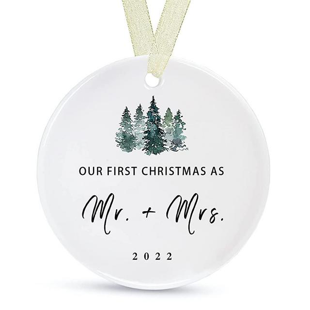 First Christmas as Mr and Mrs Ornament 2022,1st Year Wedding Ornament for Newlywed,Our First Married Christmas Ornament,Ceramic Hanging Decoration for Couples Just Married with Gift Box&Ribbon (2.9"