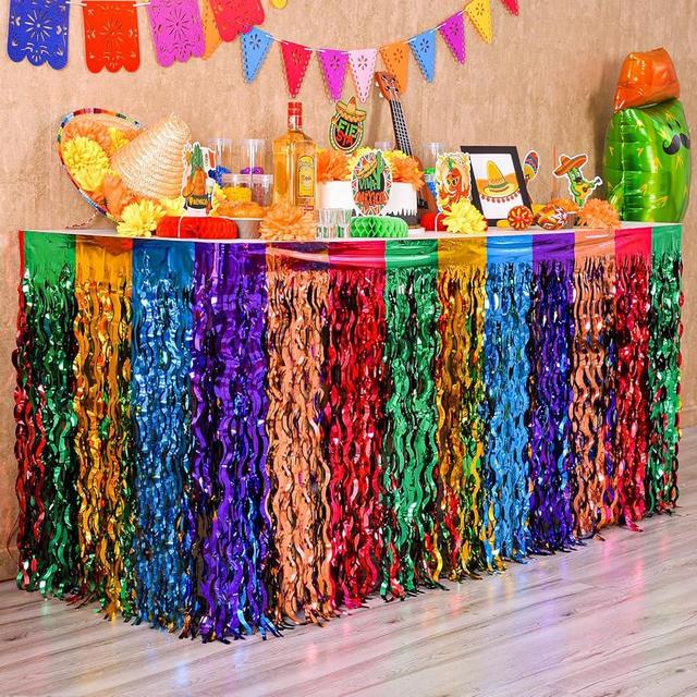 Mega-L Fiesta Party Decorations 2Pack Mexican Wavy Metallic Tinsel Foil Fringe Table Skirt for Dia De Los Muertos Table,Day of The Dead Decorations Perfect for Taco Birthday Party,Cinco de Mayo Decor