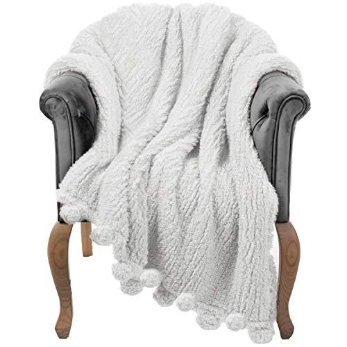 GREEN ORANGE Throw Blanket for Couch - 60x80, Ivory White with Pom Poms - Fuzzy, Fluffy, Plush, Soft, Cozy, Warm Fleece Cover - Perfect for Bed, Sofa