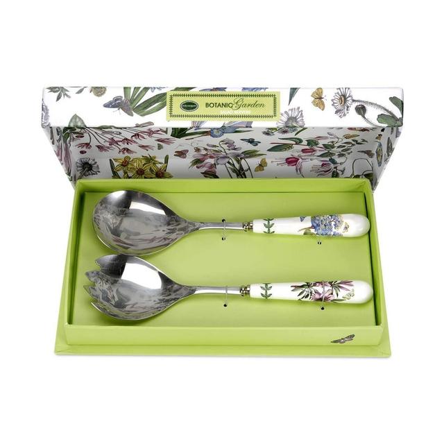 Portmeirion Botanic Garden Set of 2 Salad Servers, 10 Inch Salad Serving Set, Azalea and African Lily Motifs, Made from Stainless Steel and Porcelain