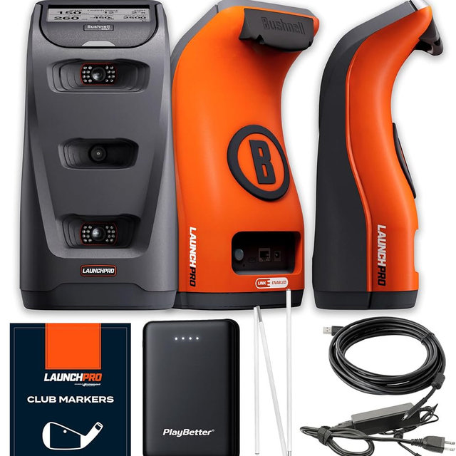 Bushnell Launch Pro Circle B Edition Golf Launch Monitor Bundle - Tour-Level Accuracy for Indoor & Outdoor Use with PlayBetter Portable Charger, USB Cables, Club Marker Pack & More