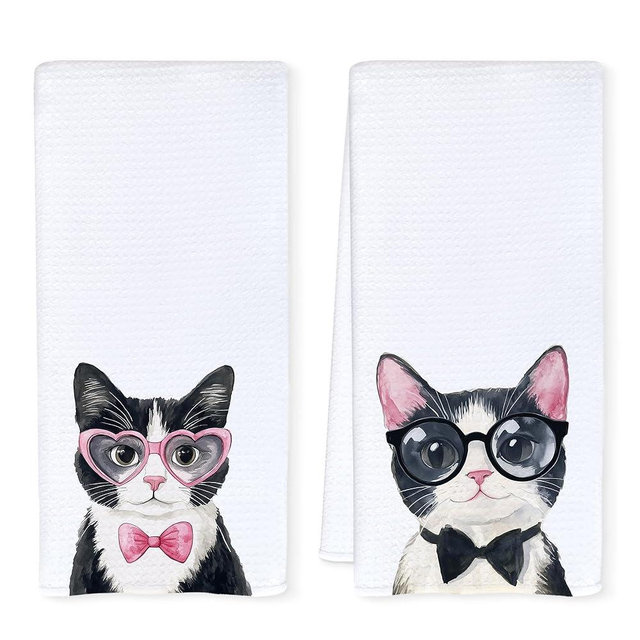 Qnhij Coquette Black and White Cat Kitchen Towels, Tuxedo Cat Gifts Dish Tea Towels for Kitchen Decor, Cats Lover Mom Lady Gifts Decorative Hand Towels for Bathroom, 16x24 Inch Set of 2