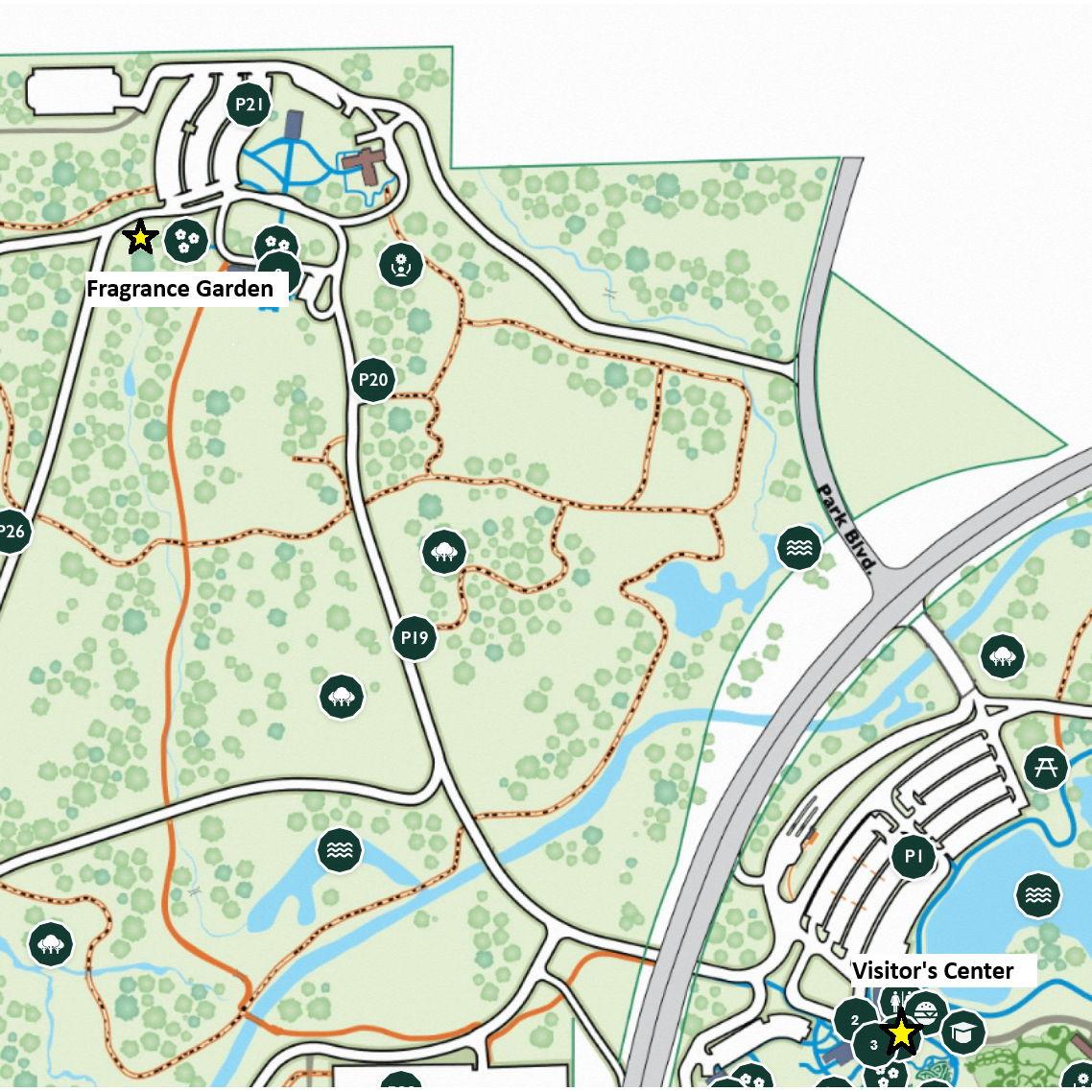 Map showing Fragrance Garden (Ceremony) and Visitor's Center (Reception)