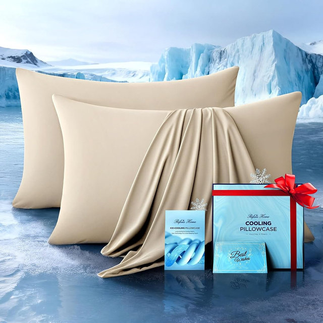 Ultra-Chill Cooling Pillowcase Set of 2 for Hot Sleepers, Softer Than Silk Pillow Cases for Protecting Hair & Skin, Breathable Bed Pillow Covers w/Zipper, Gifts for Women Men(Beige, Queen)
