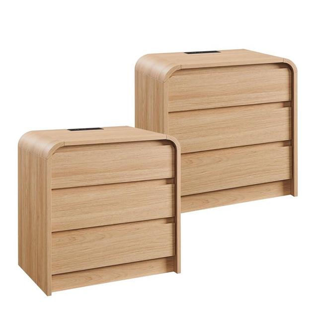 Aitjunz 25" Tall Modern Nightstand Set of 2, 23.6" Wide Wood Bedside Table with Charging Station, 3 Storage Drawers Side Table w/Curved Profile Design,End Table for Bedroom, Natural Oak