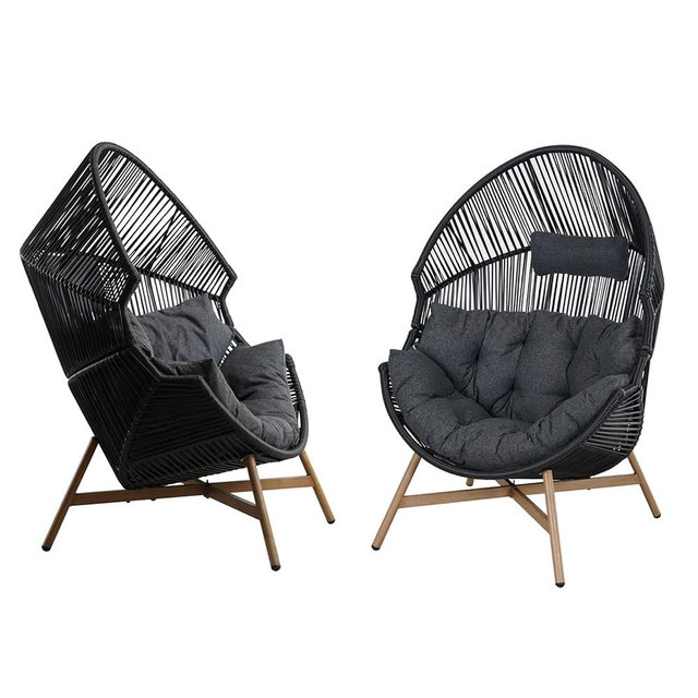 Grand patio Outdoor & Indoor Egg Chair 2PC, PE Wicker Open Weave Wood Grain Finish Oversized Egg Cocoon Chairs with Stand Lounge Chair Comfortable for Front Porch, Living Room, Bedroom (Dark Grey 2PC)